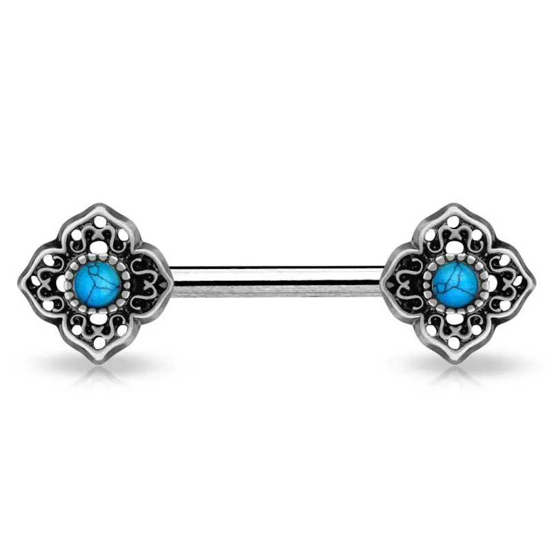 Piercing téton fleur tribale turquoise argenté