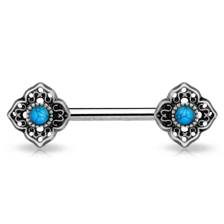 Piercing téton fleur tribale turquoise argenté