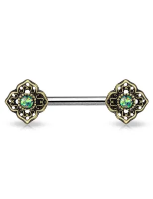 Piercing téton fleur tribale opale verte