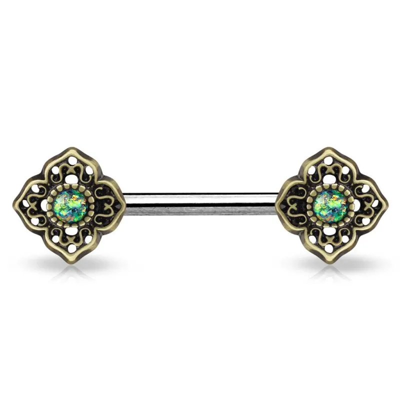 Piercing téton fleur tribale opale verte