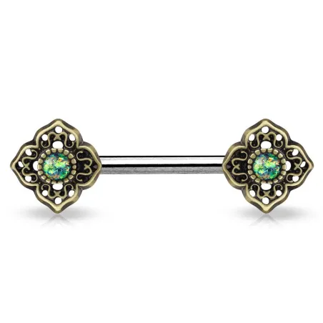 Piercing téton fleur tribale opale verte