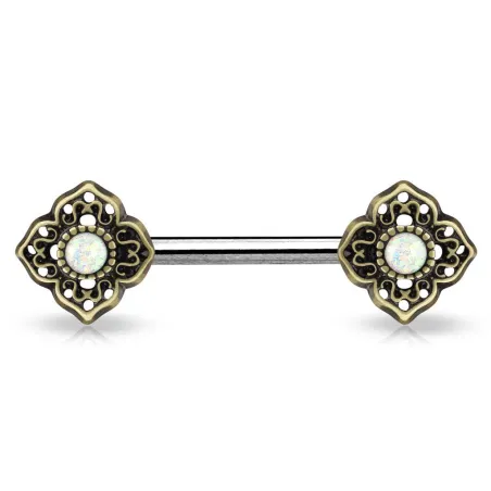 Piercing téton fleur tribale opale blanche