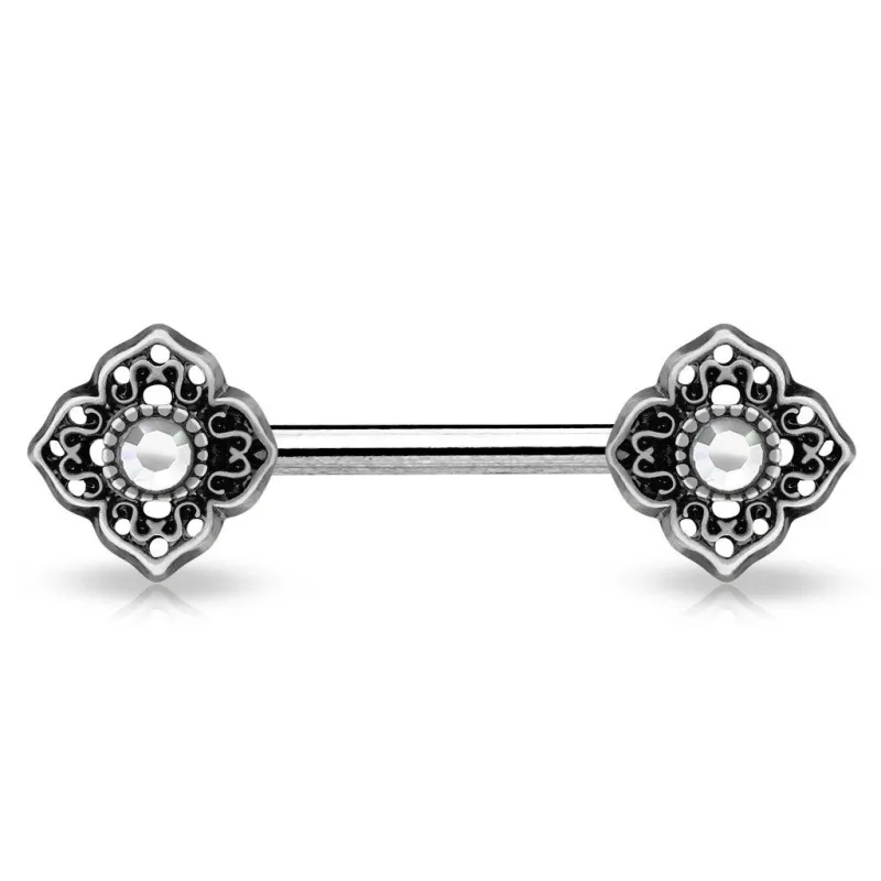 Piercing téton fleur tribale gemme blanc