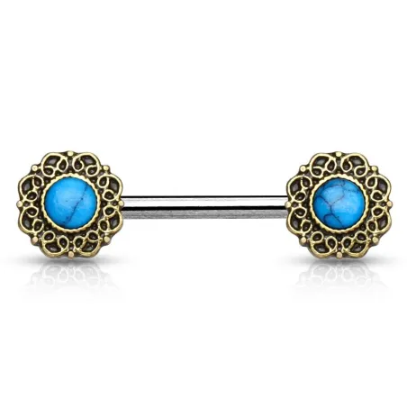 Piercing téton cœurs tribal turquoise doré
