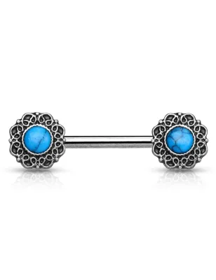 Piercing téton cœurs tribal turquoise argenté