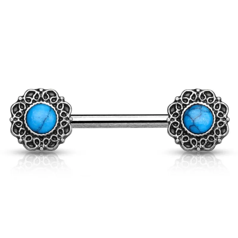Piercing téton cœurs tribal turquoise argenté