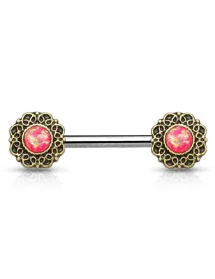 Piercing téton cœurs tribal opale rose