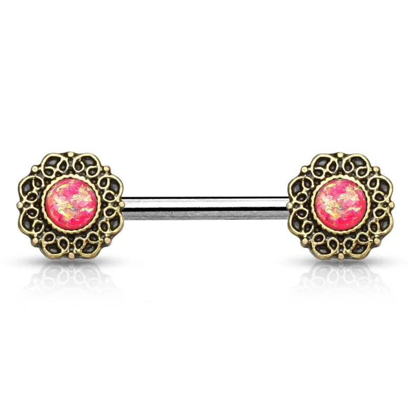 Piercing téton cœurs tribal opale rose