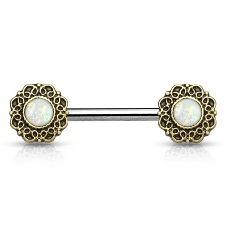 Piercing téton cœurs tribal opale blanche