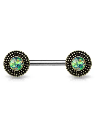 Piercing téton bouclier tribal opale verte