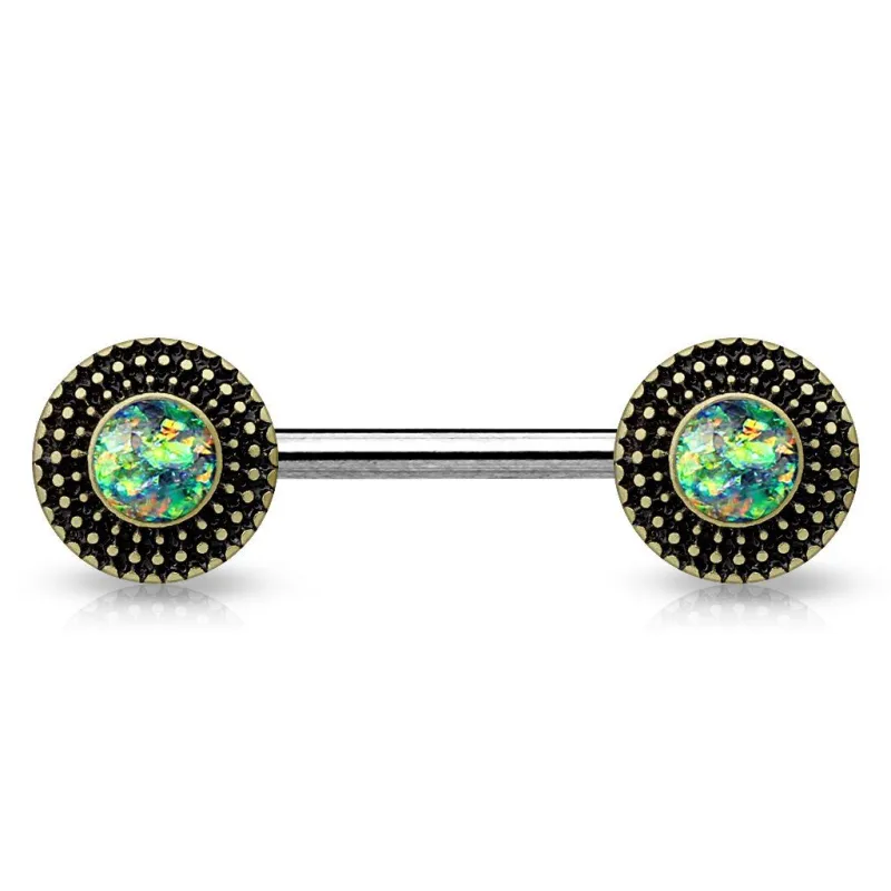 Piercing téton bouclier tribal opale verte