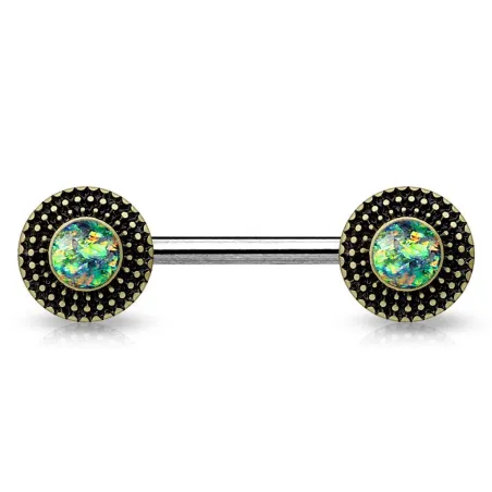 Piercing téton bouclier tribal opale verte