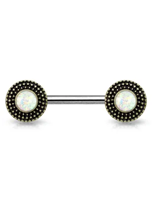 Piercing téton bouclier tribal opale blanche
