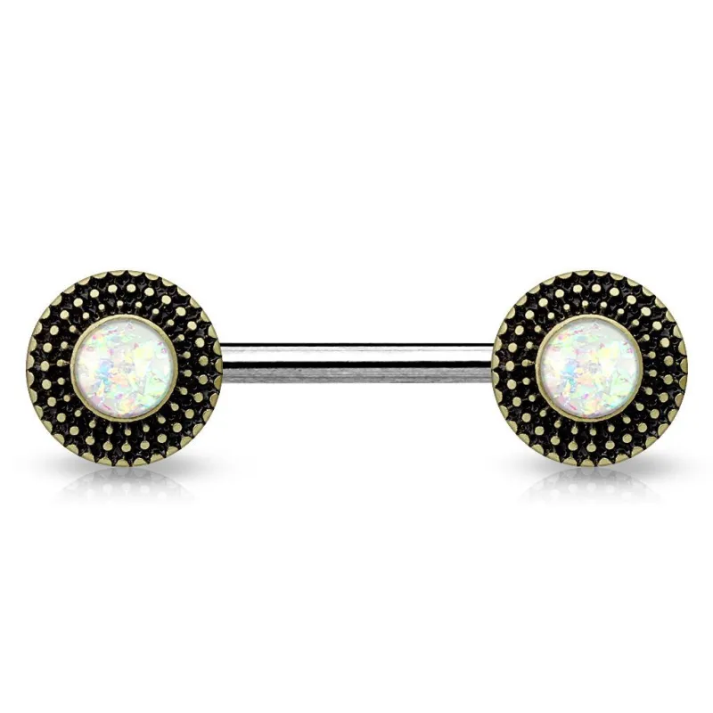 Piercing téton bouclier tribal opale blanche