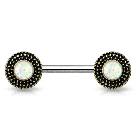 Piercing téton bouclier tribal opale blanche