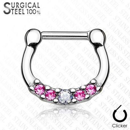Piercing septum acier chirurgical cinq cristaux rose