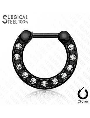 Piercing septum acier chirurgical noir pavé de cristaux