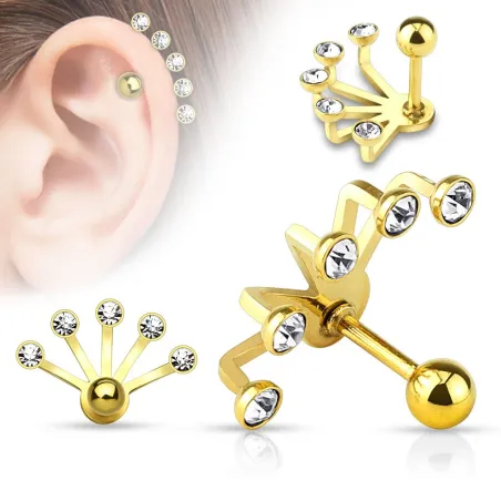 Piercing cartilage éventail cinq strass doré