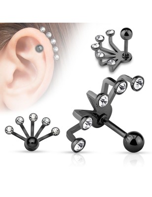 Piercing cartilage éventail cinq strass noir