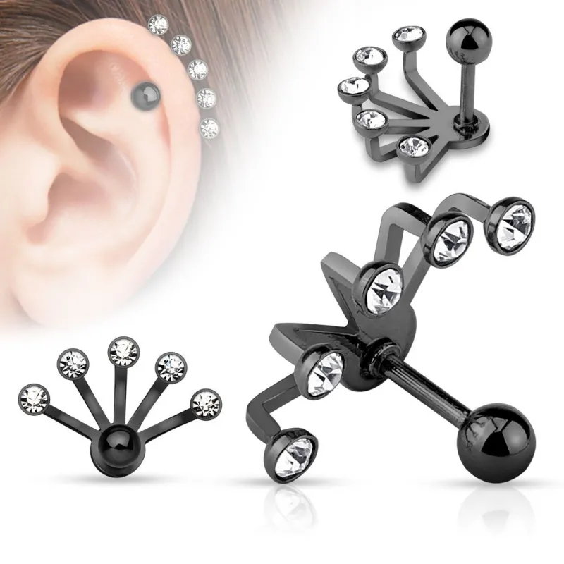 Piercing cartilage éventail cinq strass noir