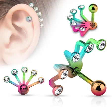 Piercing cartilage éventail cinq strass multicolore