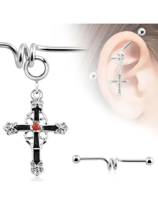 Piercing industriel pendentif croix noire avec strass rouge