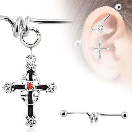 Piercing industriel pendentif croix noire avec strass rouge