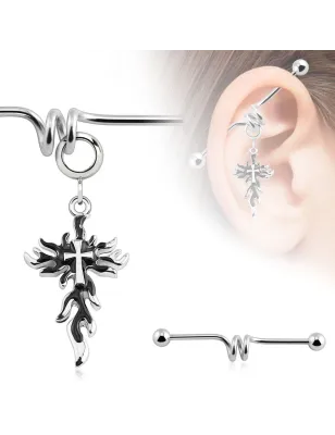 Piercing industriel pendentif croix en flammes