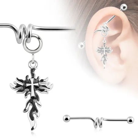 Piercing industriel pendentif croix en flammes