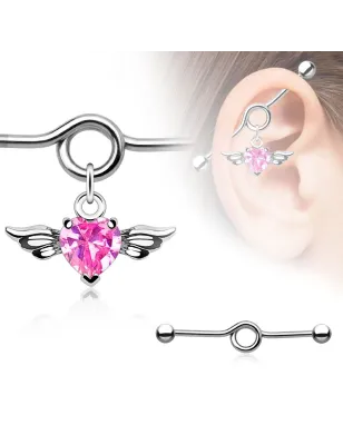 Piercing industriel pendentif cœur ailé rose