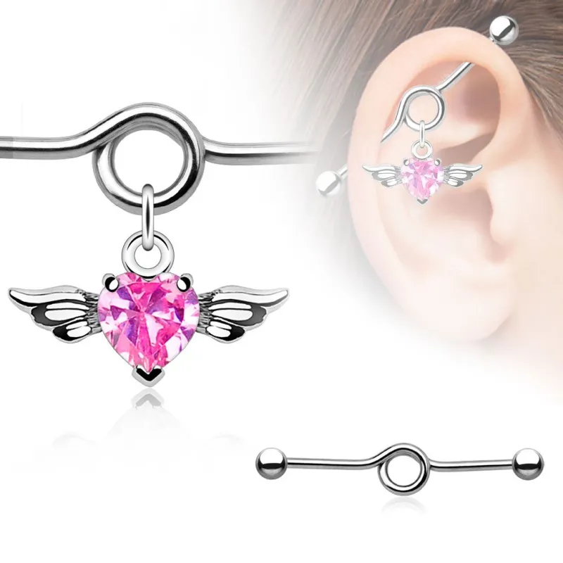 Piercing industriel pendentif cœur ailé rose