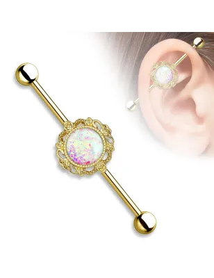 Piercing industriel doré filigrane opale blanche