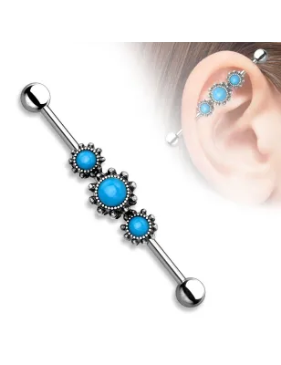 Piercing industriel trois turquoise argenté