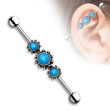 Piercing industriel trois turquoise argenté
