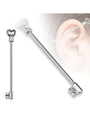 Piercing industriel clef en forme de cœur gemmes blancs