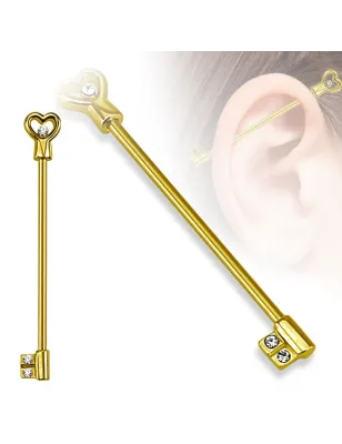 Piercing industriel clef en forme de cœur doré