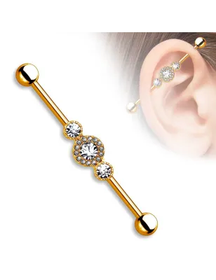 Piercing industriel plaqué or rose trois gemmes