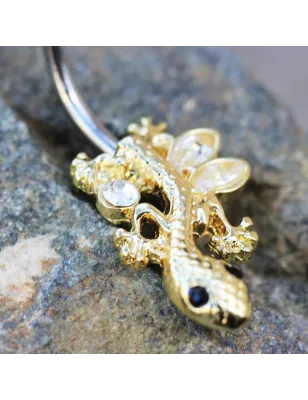 Piercing nombril plaqué or gecko