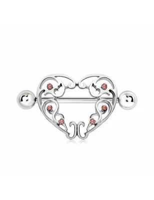Piercing téton bouclier coeur gemmes roses