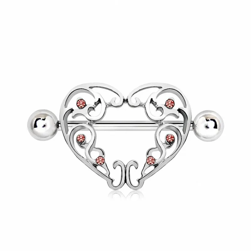 Piercing téton bouclier coeur gemmes roses