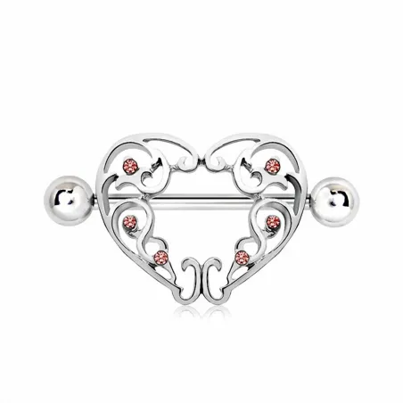Piercing téton bouclier coeur gemmes roses