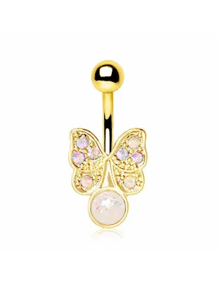 Piercing nombril plaqué or papillon opale