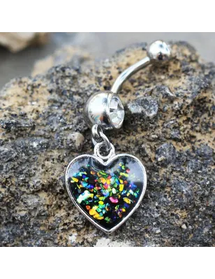 Piercing nombril coeur noir pailletté