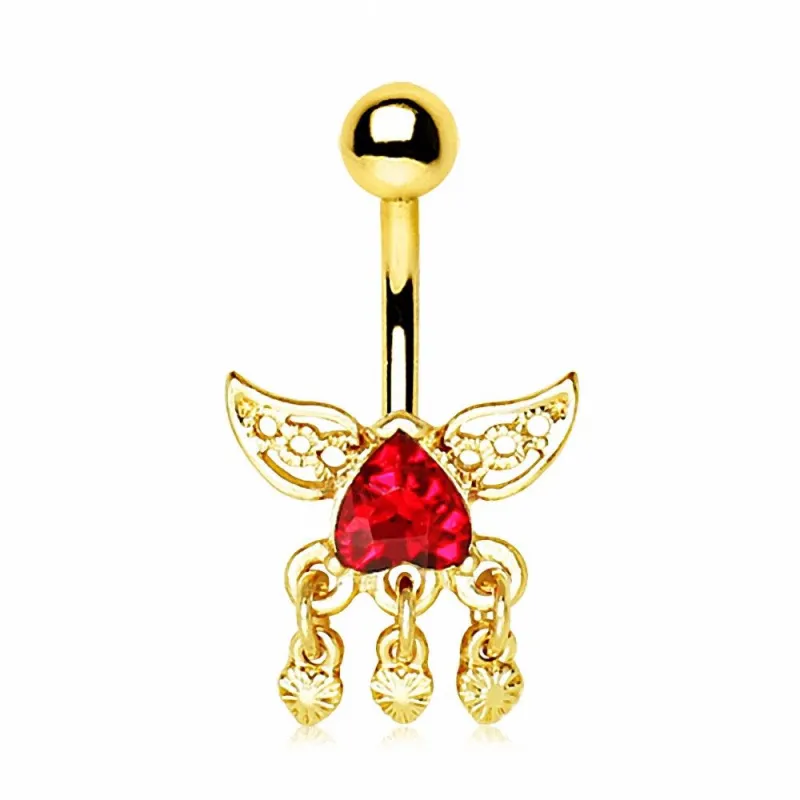 Piercing nombril plaqué or coeur renversé ailé