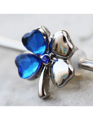 Piercing oreille industriel trèfle quatre feuilles bleu