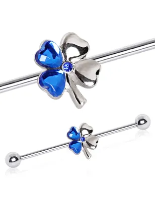 Piercing oreille industriel trèfle quatre feuilles bleu
