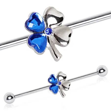 Piercing oreille industriel trèfle quatre feuilles bleu