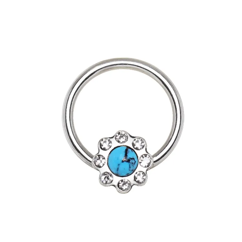 Piercing anneau captif fleur turquoise