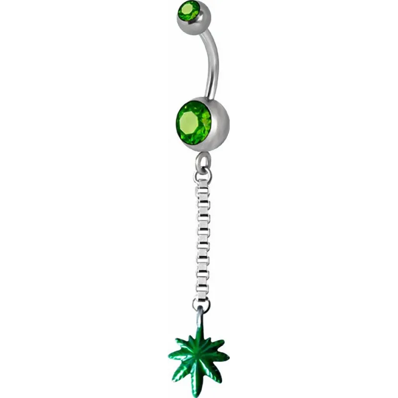 Piercing nombril Swarovski feuille de Cannabis vert