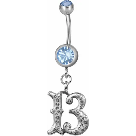 Piercing nombril chiffre 13 Swarovski bleu clair